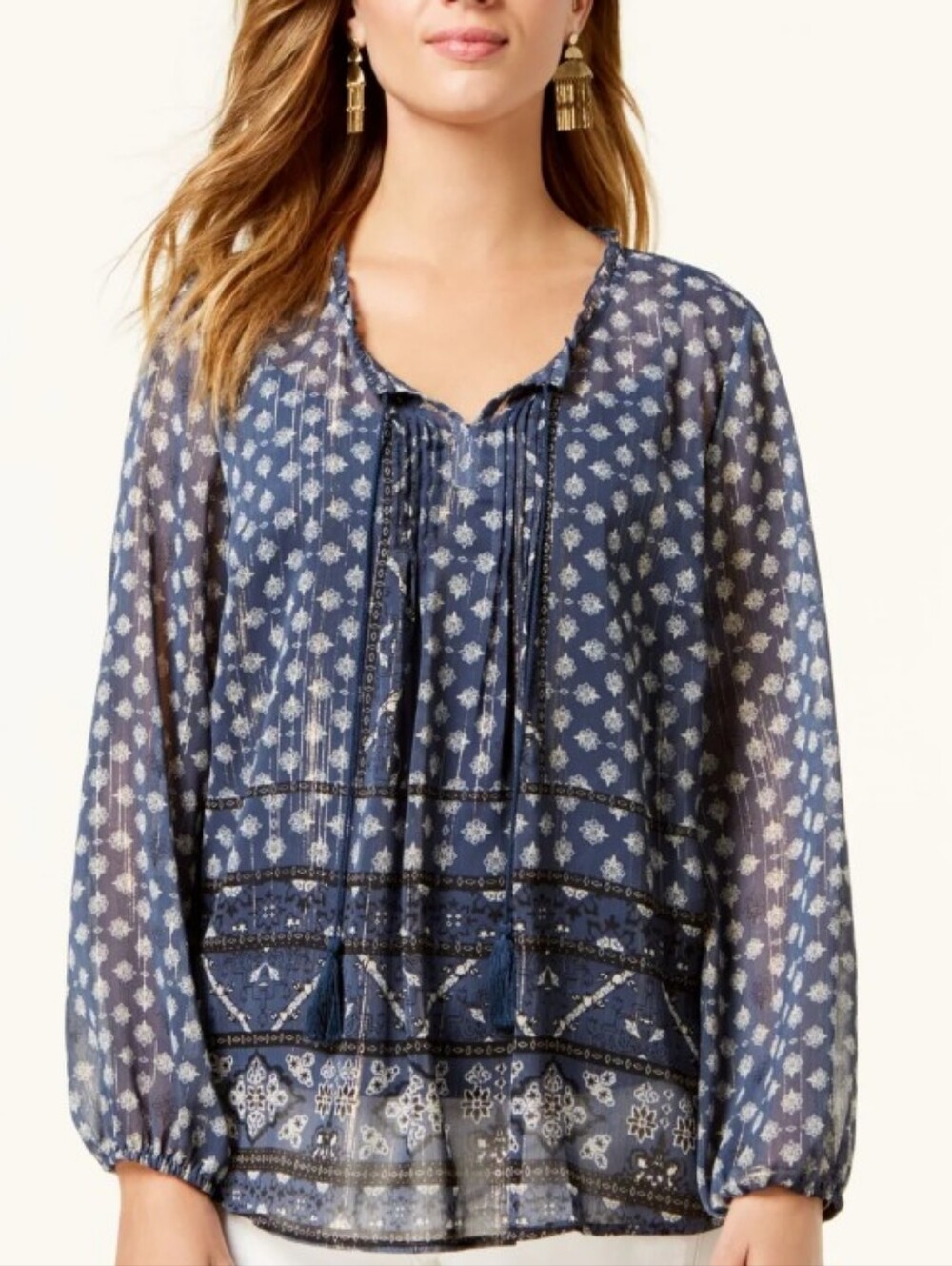 Style & Co. Sz 3X Beautiful Navy Printed Peasant Blouse With Built In Cami